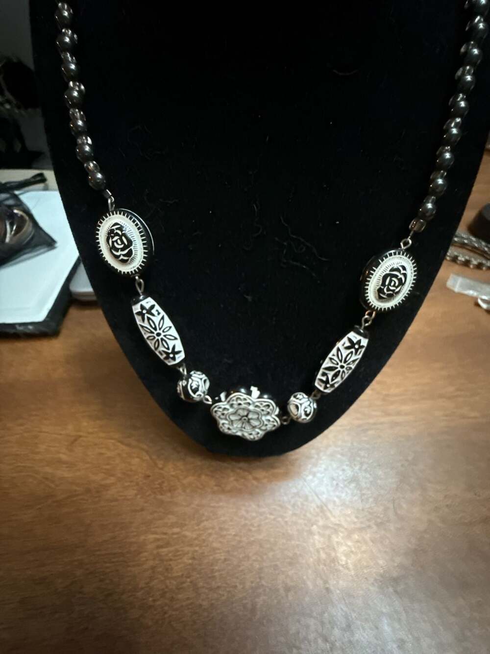 Vintage Black and White Carved Resin and Hematite Bead Statement Necklace